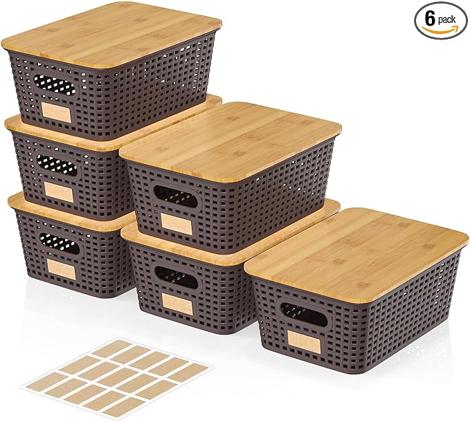 Viphope Stackable Storage Bins with Bamboo Lids set of 6,10x7.1x4.1in | small plastic organizer boxes,natural bamboo lids,saves space in pantry,office classroom storage,closet, desk, cabinet