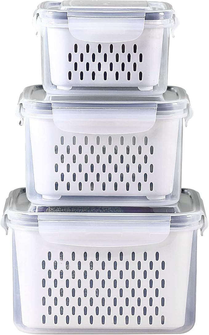 3Pack Fridge Food Storage Container Set with Lids with Strainer, Fruit Vegetable Storage Containers Keep Fruits, Vegetables, Berry, Meat Fresh longer, BPA-Free Plastic Produce Keepers