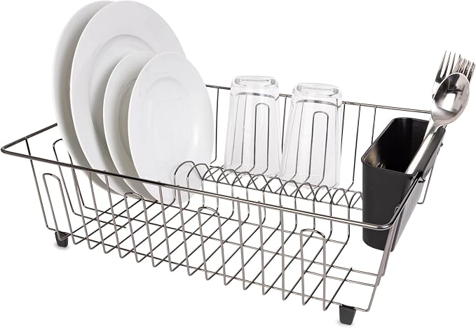 Large Wire Dish Drying Rack and Drainer, Kitchen Countertop Dish Rack for Plates, Cups and Utensils, Black/Chrome, 17.5" x 13.7" x 5.5"