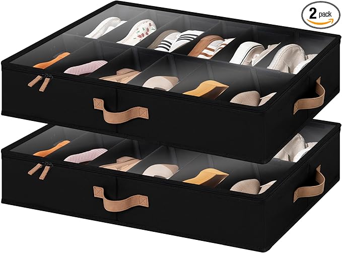 StorageWorks 2-Pack 24-Pair Underbed Shoe Organizer for Closet, Black | Adjustable Dividers, Up to 12 Pairs Each, 5.25" Height, Fits 6-inch+ Clearance, Clear Top, Soft Handles, For Bedroom