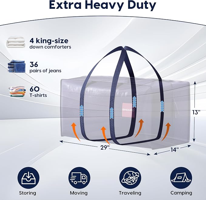 6 Pack Moving Bags Heavy Duty 210GSM with Full-Open Side Zipper, 93L 220lbs Waterproof Foldable Storage Totes for College Dorm Move-In, Moving Boxes Alternative & Home Organization, Blue