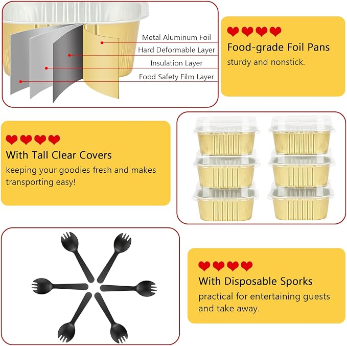 LNYZQUS Disposable Ramekins With Lids 40 Pack, 5oz Aluminum Foil Mini Cupcake Muffin Pan,Square Mini Cake Pan Brownie Baking Cups Muffin Tin Dessert Cups For Wedding Party-Gold