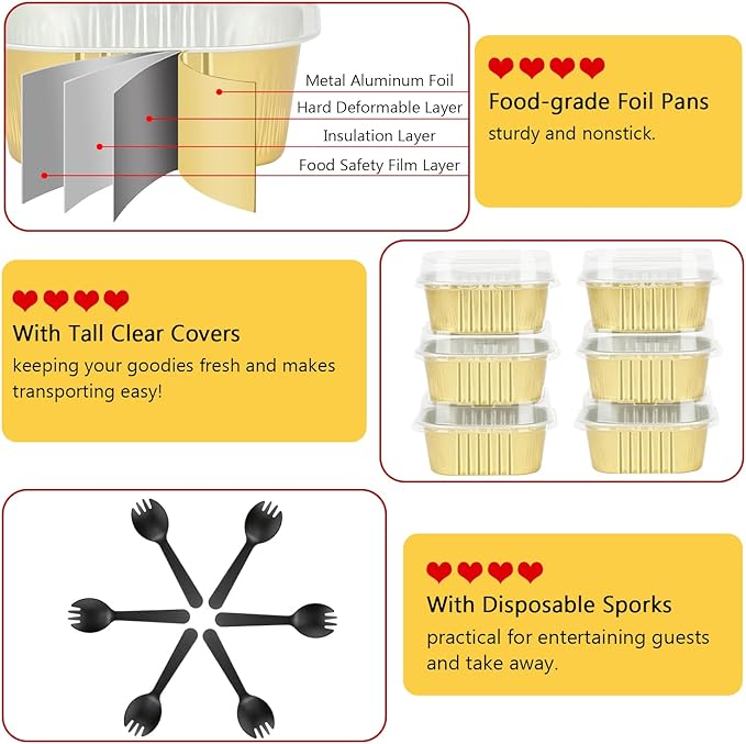 LNYZQUS Mini Cake Pans with Lids and Spoons,10oz Disposable Small Foil Baking Tins,40 Pack Individual Cake Containers for Home Bakers Bake Sales-Gold,4x4 Square