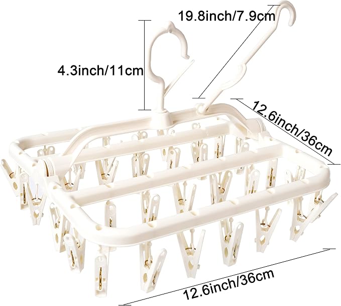 Foshine Foldable Clothes Drying Rack with 32 Drying Clips Wind-Proof Hook | Underwear Hanger Plastic Laundry Clip For Socks Bras White