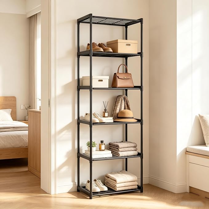 6-Tier Storage Shelves with Plastic Connectors – Metal Shelf Organizer for Pantry, Closet & Bathroom, Space-Saving Sturdy Shelving Unit Rack, Black， 17.3" x 12.8" x 70.9"