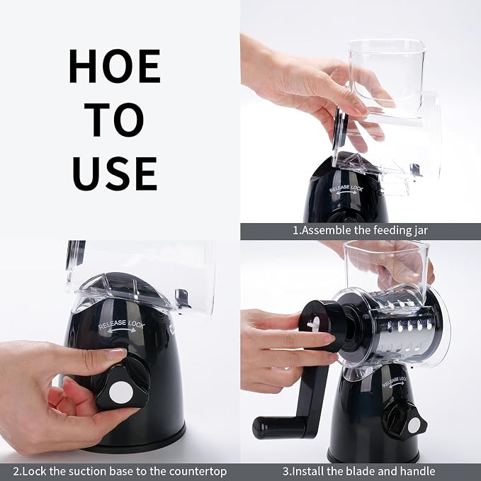 JIUMEXES Rotary Cheese Grater | Hand-Crank Design, 3 Interchangeable Blades, Suction Base, Stainless Steel