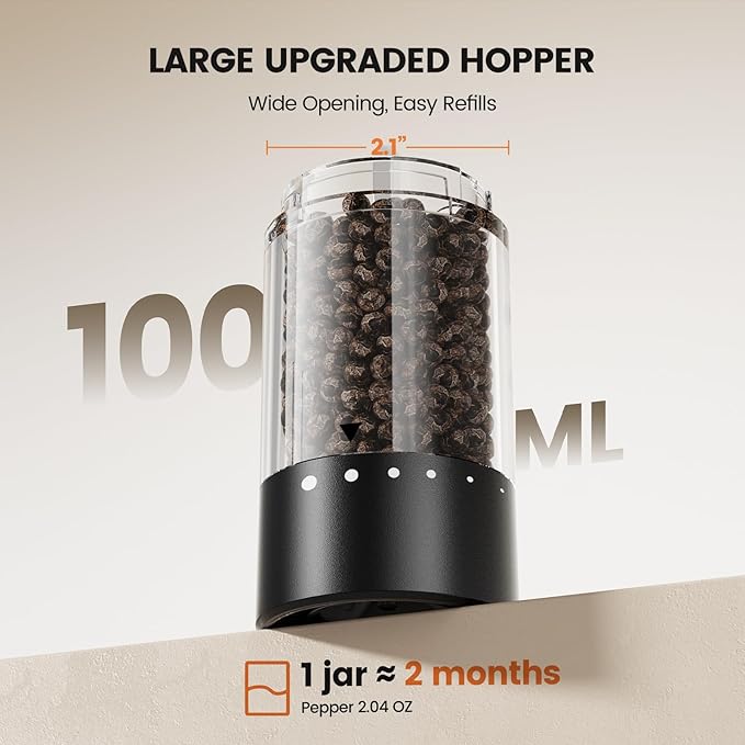 Electric Salt and Pepper Grinder Set - Rechargeable Automatic Salt and Pepper Shakers, Kitchen Appliances with External Adjustable Coarseness, Larger Hopper for Cooking, Home Gifts(2 Pack,Black/Black)