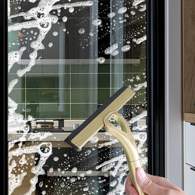 8.9x8.7inch Gold Shower Squeegee Window Squeegee with Hanging Hook | Stainless Steel Glass Wiper Squeegeer Cleaning Tool for Clean Ceramic Tile,Shower Door, Mirror,Window,Car Glass,Table Top