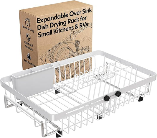 MAJALiS White Dish Drying Rack Over The Sink with Utensil Holder | Expandable Stainless Steel Dish Drainer for Small Kitchen, Apartment, RV, Counter Space Saving, Perfect Fit, Rustproof