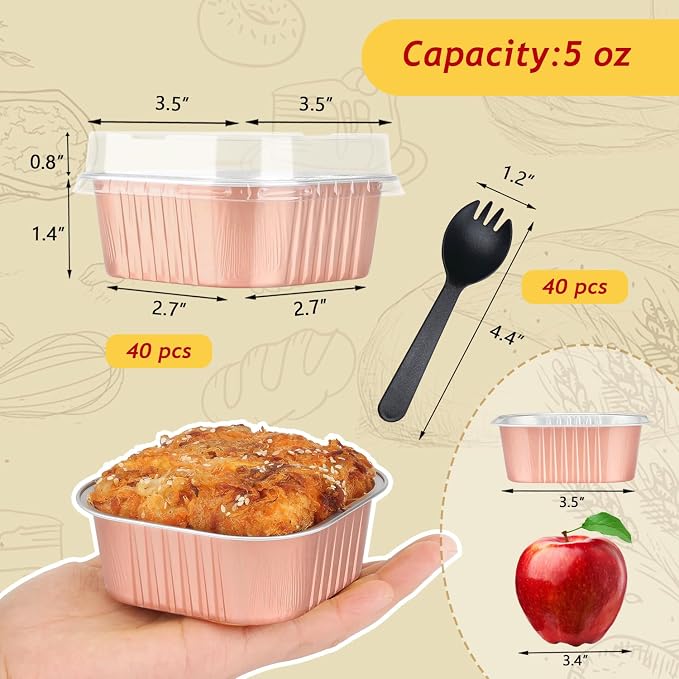LNYZQUS 5oz Cupcake Mini Cake Pans with Lids 40 Pack, Aluminum Foil Cupcake Cups Brownie Baking Pans,Square Disposable Ramekins Baking Cups,Small Muffin Tin Holders-Champagne