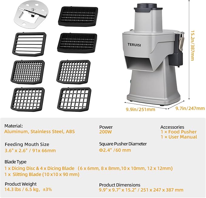 2-In-1 Electric Vegetable Dicer Strip Cutter, 200W Electric Vegetable Chopper with 4 Size Dicing Blades & Strip Cutter Blade, Food Processor Cutter Machine for Commercial & Home Use