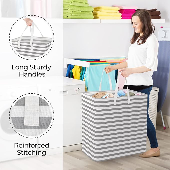 StorageRight Laundry Basket Hamper, 100L Clothes Storage, Striped Grey | Freestanding Clothes Hampers, Foldable design, with Easy Carry Handles, For Laundry, Bedroom, Dorm, Clothing, Towels, Toys