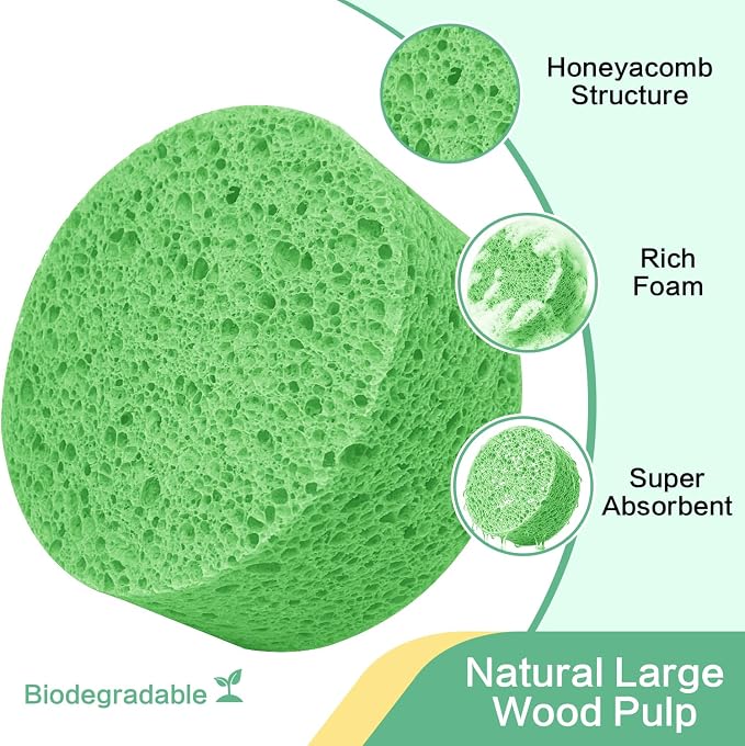 3-Pack Large Sponge, Kitchen Sponges, Handy Sponges, Cellulose Sponges, Dish Washing Sponge, Natural Sponge, Car Washing Sponge, Eco Friendly Sponge (Round, 4" X 4" X 2"), Green
