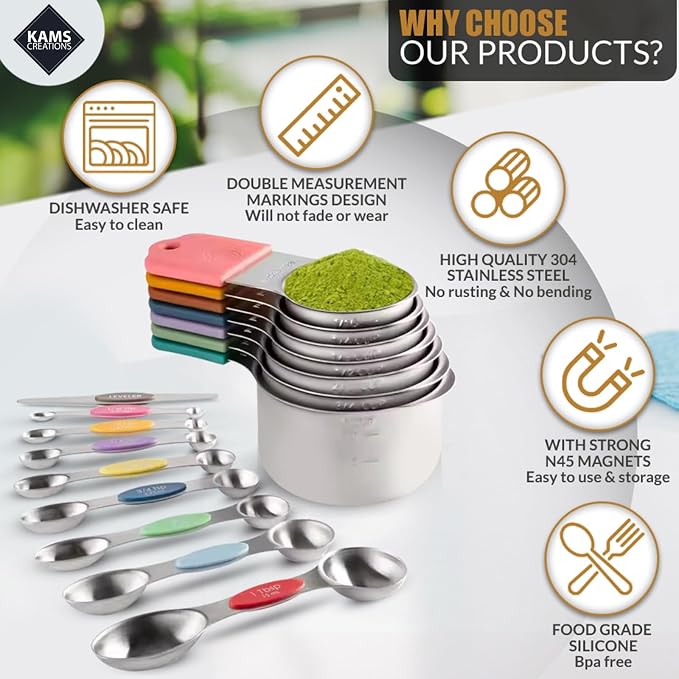 Stainless Steel Magnetic Measuring Spoons Set & Cups 16PCS - Double Sided Measuring Spoons, Stackable Measuring Spoons & Cups with Leveler - Premium Metal Measuring Spoons