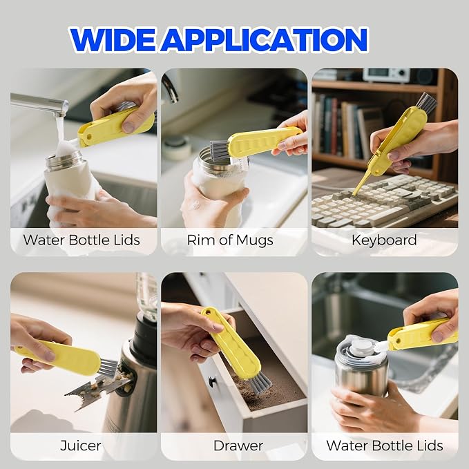 Holikme 6 Pack 4 in 1 Cup Lid Cleaning Brush 3 Straws Bottle Brush,Yellow | 4 in 1 Cup Lid Cleaning Brush Multifunctional Bottle Brush, Silicone Cup Lid Gap Cleaner, Bristle Crevice Cleaning Brush
