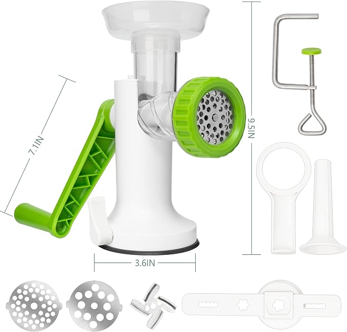 LHS Manual Meat Grinder, Heavy Duty Meat Mincer Sausage Stuffer,Hand Grinder with Stainless Steel Blades for Meat, Sausage, Cookies,Green(3 in 1, with table clamp)