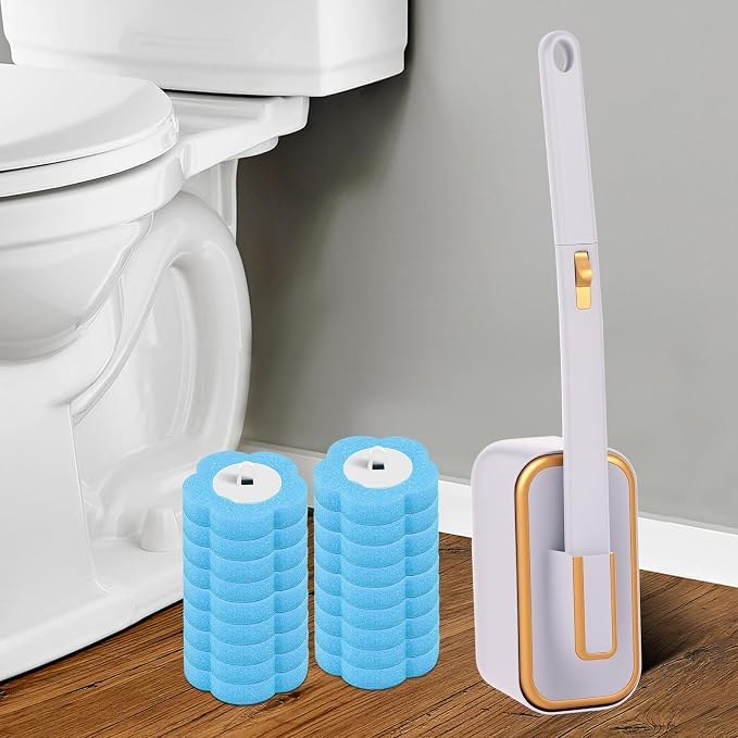 Toilet Brush Handle Kit, Toilet Wand Brush Head Disc, Disposable Toilet Bowl Cleaner Wand, Easy to Install for Bathroom Cleaning (Gray Cleaning Brush + 18 Blue Replacement Heads)