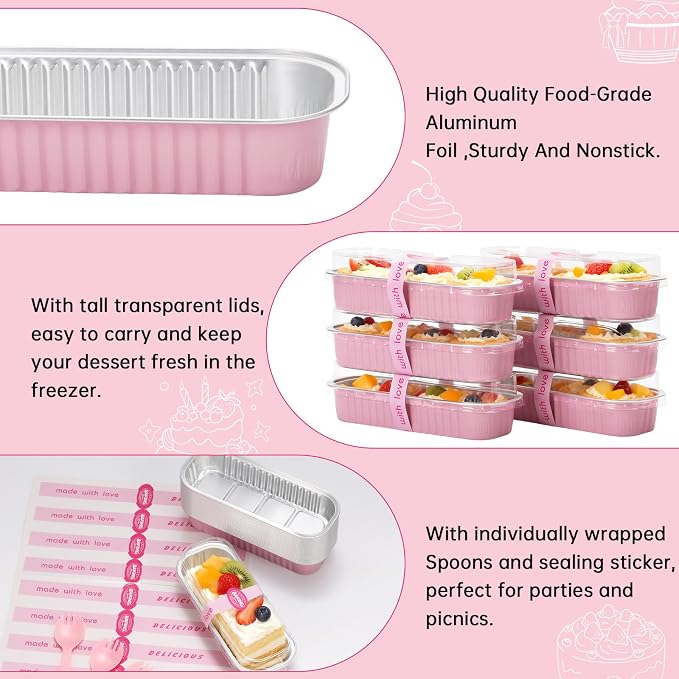 100 Pack 6.8 oz Rectangular Mini Loaf Pans with Lids and Spoons,Disposable Aluminum Foil Mini Cake Pans and Baking Tins with Sealing Stickers, Individual Pink Dessert Containers for Parties