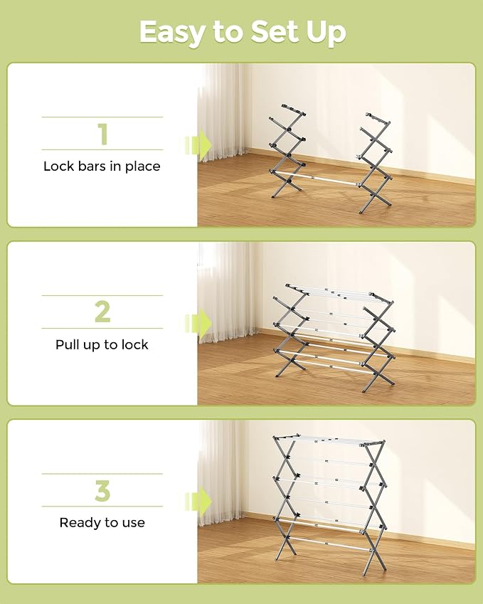 APEXCHASER 3-Tier Foldable Clothes Drying Rack, 37.6" H, Grey/White | Rust-resistant Metal, Tool-free Assembly, Extendable Drying Hanger, Fold Flat to Easy Storage, 11.8" D x 35" W, Holds 24lbs