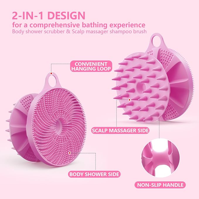 2 in 1 Shower Brush, BEAUTAIL Silicone Body Scrubber & Scalp Massager | Dual-Sided Bath Brush for Deep Cleansing & Dandruff Removal, Gentle Exfoliator for Sensitive Skin, Women, Men & Kids (Lilac)