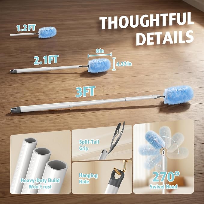30 Count Duster Kit Refills with 3 ft Extendable Handle for Swiffer | Heavy Duty 3 ft Extendable Handle Duster Kit for Swiffer Duster, Disposable Microfiber Feather Dusters for Cleaning