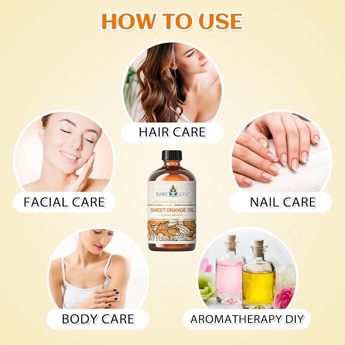 EVOKE OCCU Orange Essential Oil for Diffusers & Skin Care | Fresh Scent for DIY Cleaning Sprays, Candles & Soap Making, Aromatherapy to Lift Mood & Freshen Air – 118mL / 4 fl oz