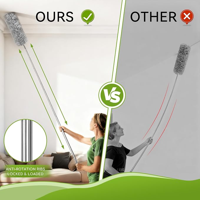 12-Piece Microfiber Feather Duster with Extension Pole (16.1" to 100), Ceiling Fan Duster for Ceiling Fan, Flat Duster for Under Appliances, Chenille & Cobweb Duster for Cobweb, Wall, Furniture