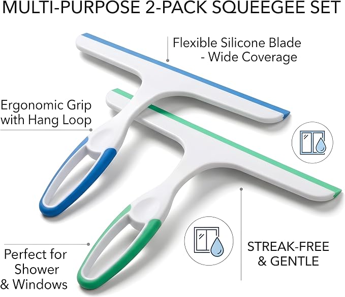 2 Pack Shower Squeegee for Glass Doors – 9.5” Silicone Blade Window Cleaner Tool (Blue & Green) – Bathroom, Car Windshield, Mirror & Tile Cleaning Wiper with Hook – Lightweight Ergonomic Handle