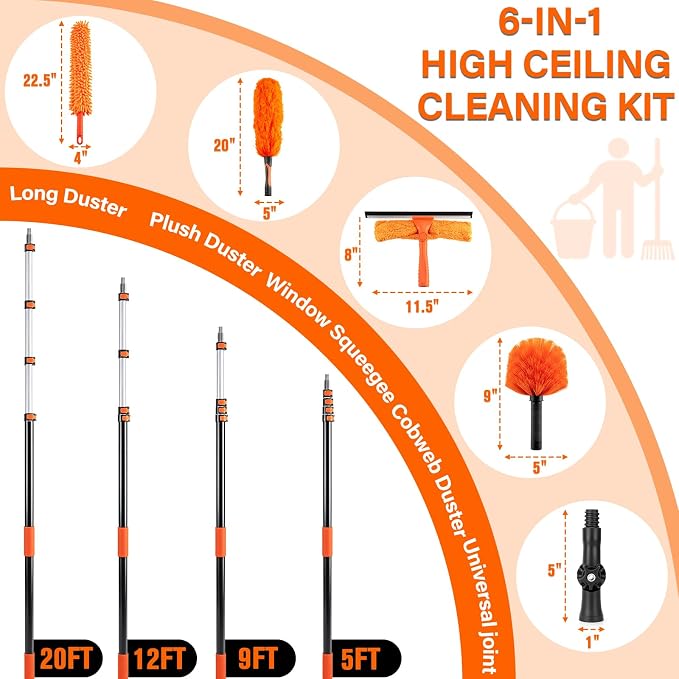 26FT High Ceiling Duster with Extension Pole,High Reach Duster Cleaning Kit | Ceiling Fan Cleaner Duster, Cobweb Dusters & Window Cleaning Squeegee Kit for Fan Blades, Furniture, Corner, Long Dusters