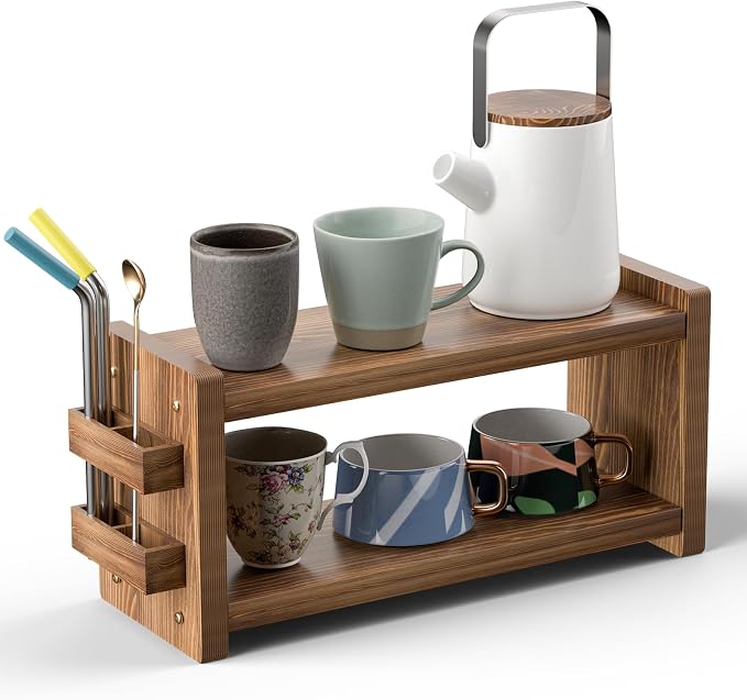 2 Tier Solid Wood Coffee and Matcha Station Organizer Farmhouse | with Straw Holder for Matcha, Pods, Sugar, Tea, Cups, Stirrers, Mugs Storage Countertop