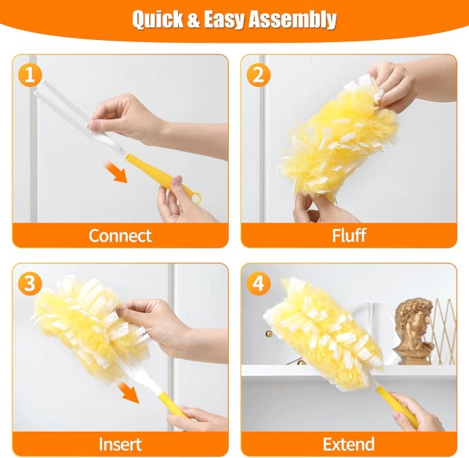 60 Count 360° Heavy Duty Duster Refills Compatible with Swiffer, Large Size-Extra Thick Disposable Electrostatic Feather Duster Refill with 1 Short Handle for Furniture, Blinds, Ceiling Fans