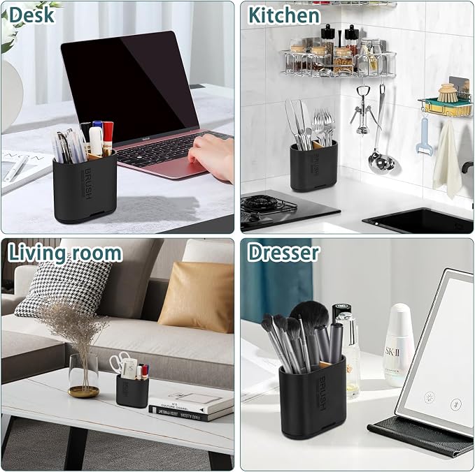 Toothbrush and Toothpaste Holder with Bamboo Divider for Bathroom Countertop Organizer, Detachable for Easy Clean, 2 Slots Electric Toothbrush Holders Storage Caddy Drainage for Family-Black
