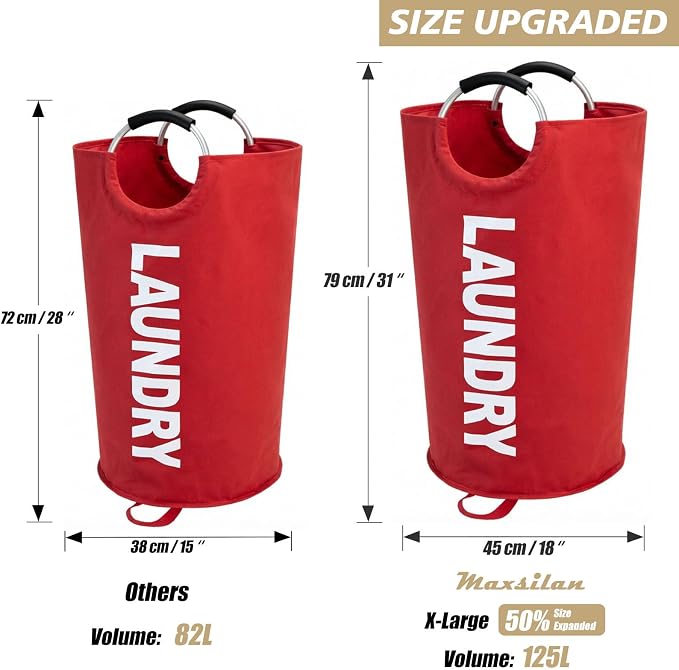 Maxsilan 125L X-Large Laundry Basket Bag, Collapsible Tall Hamper, Red | Freestanding tall laundry bag & foldable washing basket. Large capacity clothes storage bin with durable sturdy handles