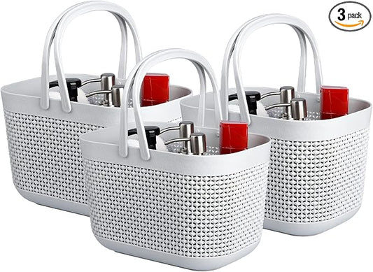 UUJOLY Plastic Protable Shower Caddy Basket, Storage Organizer, Grey, 3Pack | Bottom Drain Holes, Keep Dry, Sturdy and Durable, Easy to Carry for Bathroom, Kitchen, Dorm Room, RV, College