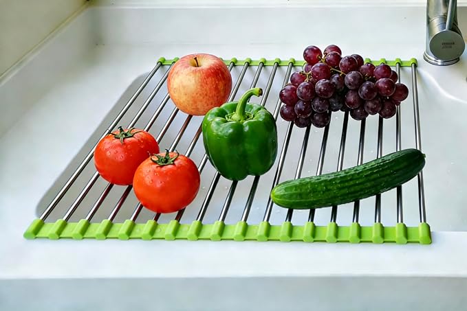 Roll Up Dish Drying Rack, Stainless Steel and Silicone Dish Drying Mat Over The Sink Foldable Drain Rack Multipurpose Dish Drainer for Kitchen, 14.5” x 14”, Green