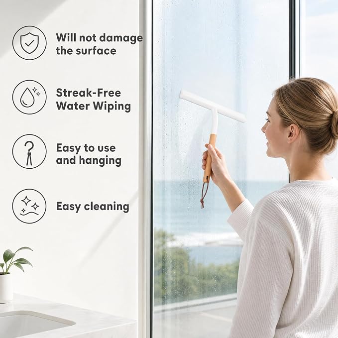 NUOBESTY Shower Squeegee for Glass Doors, Wood Handle White Silicone Wiper | 10" Streak-Free Blade with an Aesthetic Natural Grip. Includes Suction Cup & Over-Door Hook for Bathroom Mirrors & Tiles