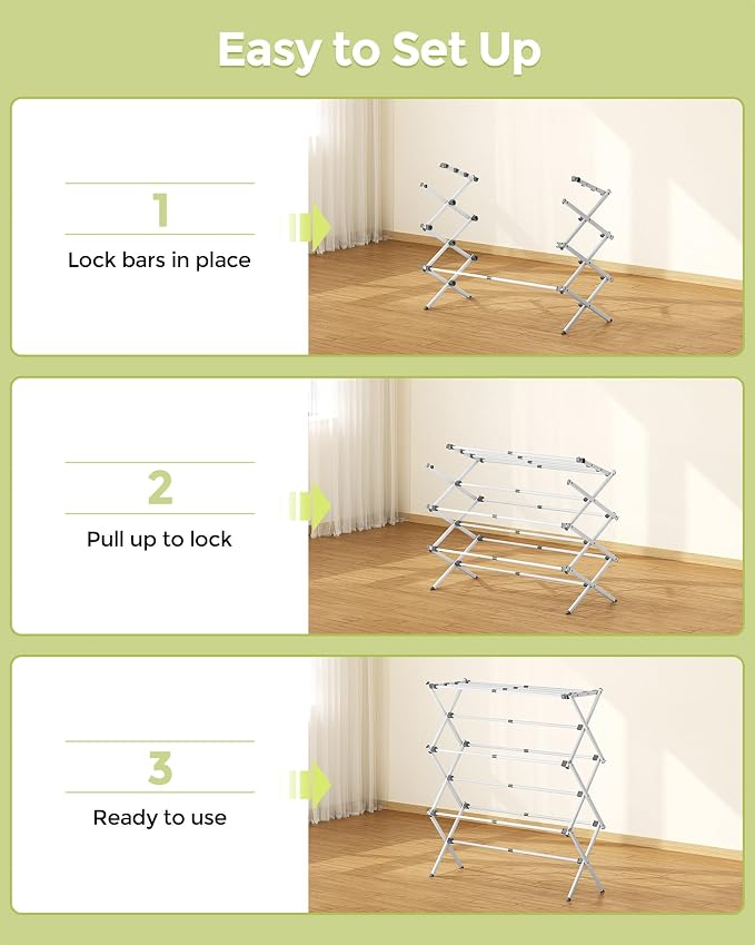 APEXCHASER 3-Tier Foldable Clothes Drying Rack, 37.6" H, White | Rust-resistant Metal, Tool-free Assembly, Extendable Drying Hanger, Fold Flat to Easy Storage, 11.8" D x 35" W, Holds 24lbs