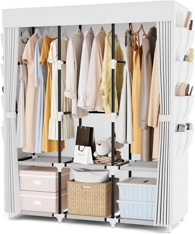 Portable Closet with Cover, 3 Hanging Rods and Side Pocket, Sturdy Free Standing Closet, White