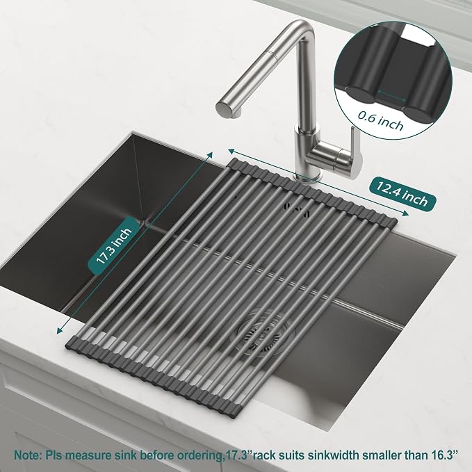 Roll Up Dish Drying Rack, Silicone Wrapped Over The Sink Multipurpose Foldable Dish Drainer Anti-Slip Coated Stainless Steel Dish Racks for Kitchen Counter, Sink Drying Rack (Black, 17.3" x 12.4")