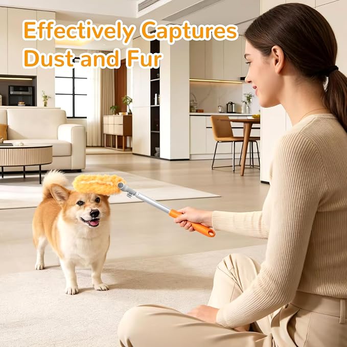 6 ft Heavy Duty Extendable Duster Handle with 50 Refills for Swiffer Duster, 360° Multi-Surface Dusters with 4X Cleaning Power for Home, Ceiling Fans, Windows, Dusting Hard-to-Reach Areas (Orange)