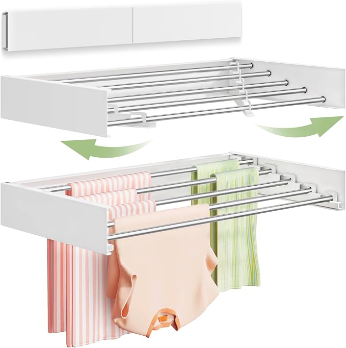 Vikaqi Wall Mounted Clothes Drying Rack 32", Foldable Wall Laundry Rack | Collapsible Drying Rack Clothing Folding Indoor, Hidden Space Saver with Wall Template, 5 Rods, White