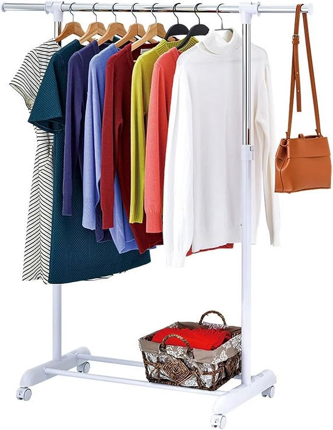 Adjustable Rolling Garment Rack 84-121cm Wide, Chrome White with Wheels | Sturdy steel, tool-free setup; height adjusts 123.5-163cm; smooth casters; ideal for bedroom, closet & laundry organization.