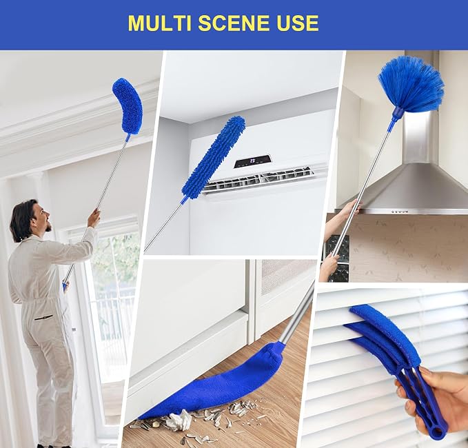 Duster with Extension Pole for High Ceilings & Ceiling Fans, Cobweb Duster | 30-100" Stainless Steel Pole, Bendable Washable Heads, Cobweb and Gap Cleaning, Detachable Heads, Complete 6-Piece Duster Kit