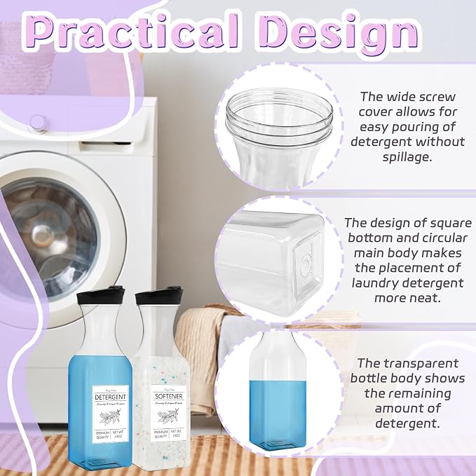 4 Pack Laundry Detergent Dispenser, 53oz Liquid Fabric Softener Dispenser,Plastic Laundry Detergent Containers with 10 PCS Label,Black Lid