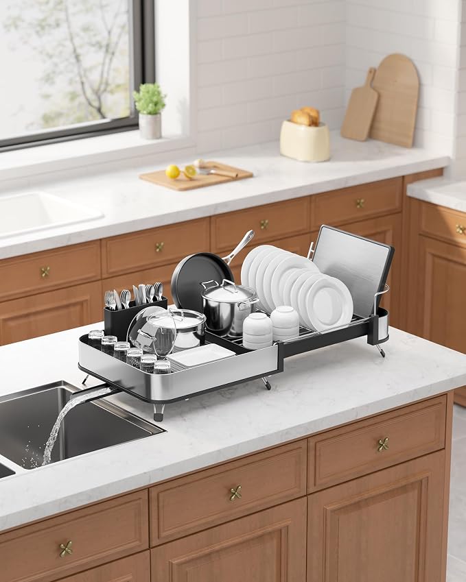 Kitsure Expandable Metal Dish Drying Rack, 16.1-26.6" L x 12.6" W, Black | Dish Racks for Kitchen Counter, Auto-Drain Drying Rack for Kitchen, Cutlery Holder, Non-Slip Feet, Anti-fall Fence
