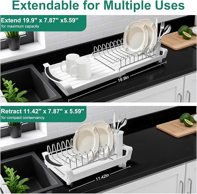 Dish Drying Rack - A Compact, Space-Saving Stainless Steel Rust-Resistant Dish Drainer Specifically Designed for Kitchen and Apartment Countertops/Sink Cabinets,11.42 to 19.9 Inches (White2)