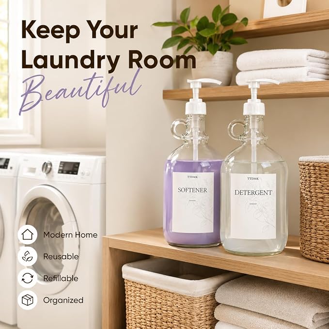 4 Pack Glass Laundry Detergent Dispensers, 64 oz Half Gallon Bottles | Complete Laundry Organization Set with Glass Bottles, Pumps, Labels, Funnels and Measuring Cups.