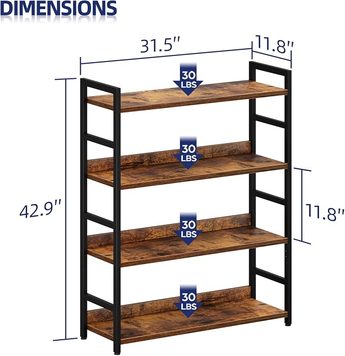 NUMENN Wide Bookshelf, 4 Tier Freestanding Shelving Unit, Vintage | Metal Frame & Wood Shelves, Falling Prevention Baffle, Open Storage Bookcase for Bedroom, Living Room & Home Office