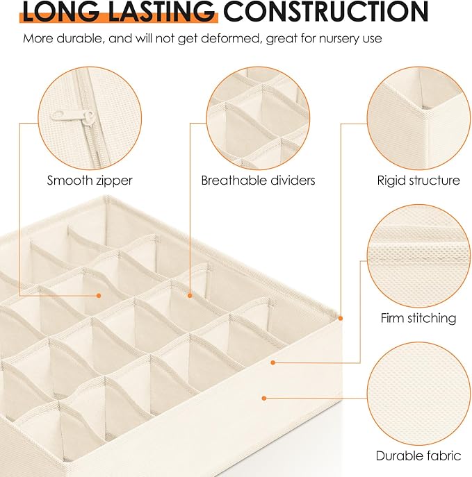 Criusia Drawer Organizer Clothes, 8 Pack Dresser Organizer Bins for Baby Clothes, Underwear Sock, Fabric Closet Organization and Storage Dividers for Nursery Bedroom (48 Compartments, Beige)