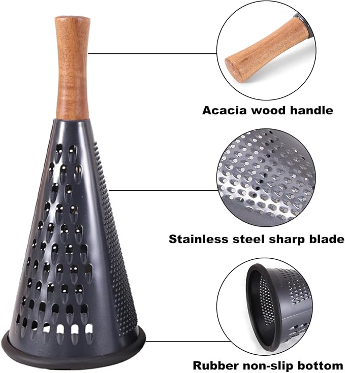 Cone Cheese Grater with Handle Stainless Steel Grater Triple Function Wood Handle Shredder Non-Slip Rubber Bottom Hand Held Multifunction Vegetables Grater Black 4-Size (Size M: 9.4" X 4.3" Black)